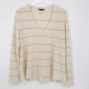 Lafayette 148 Cashmere Cream V-Neck Stripe Shimmer Thread Sweater Top Medium